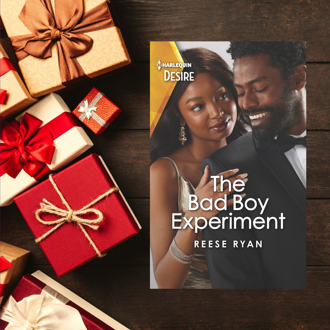 The Bad Boy Experiment bookcover by Reese Ryan with pictures of gift wrap
Boxes on a blackish brown background 